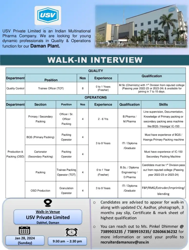 USV Pvt. Ltd - Walk-In Interviews for B.Sc, M.Sc, M.Pharm, B.Pharm, ITI, Diploma, Graduate Freshers & Experienced on 28th Jan 2024